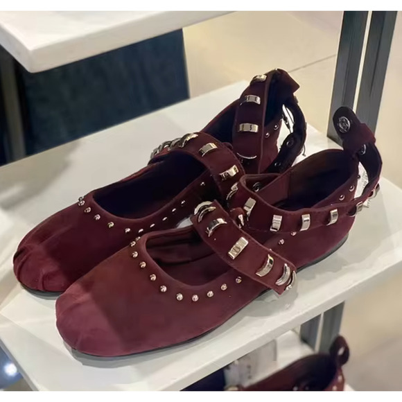 🍷 ZARA Leather Studded Ballet Flats NWT | Burgundy Suede Buckle Strap 7.5–8 - Picture 8 of 16